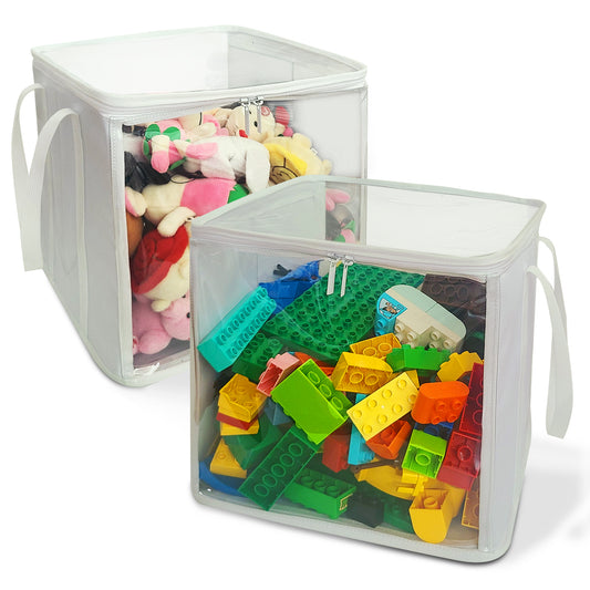 Holay 2-Pack 12" Cube Storage Bins [White] - Capacity PVC Boxes Transparent Lid & Handles - Durable & Foldable - Multi-Purpose