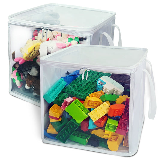 Holay 2-Pack 12" Cube Storage Bins [White] - 27L Capacity PVC Boxes Transparent Lid & Handles - Durable & Foldable - Multi-Purpose Toy, Clothes, Blocks Organizer for Kids, Toddlers, Playroom